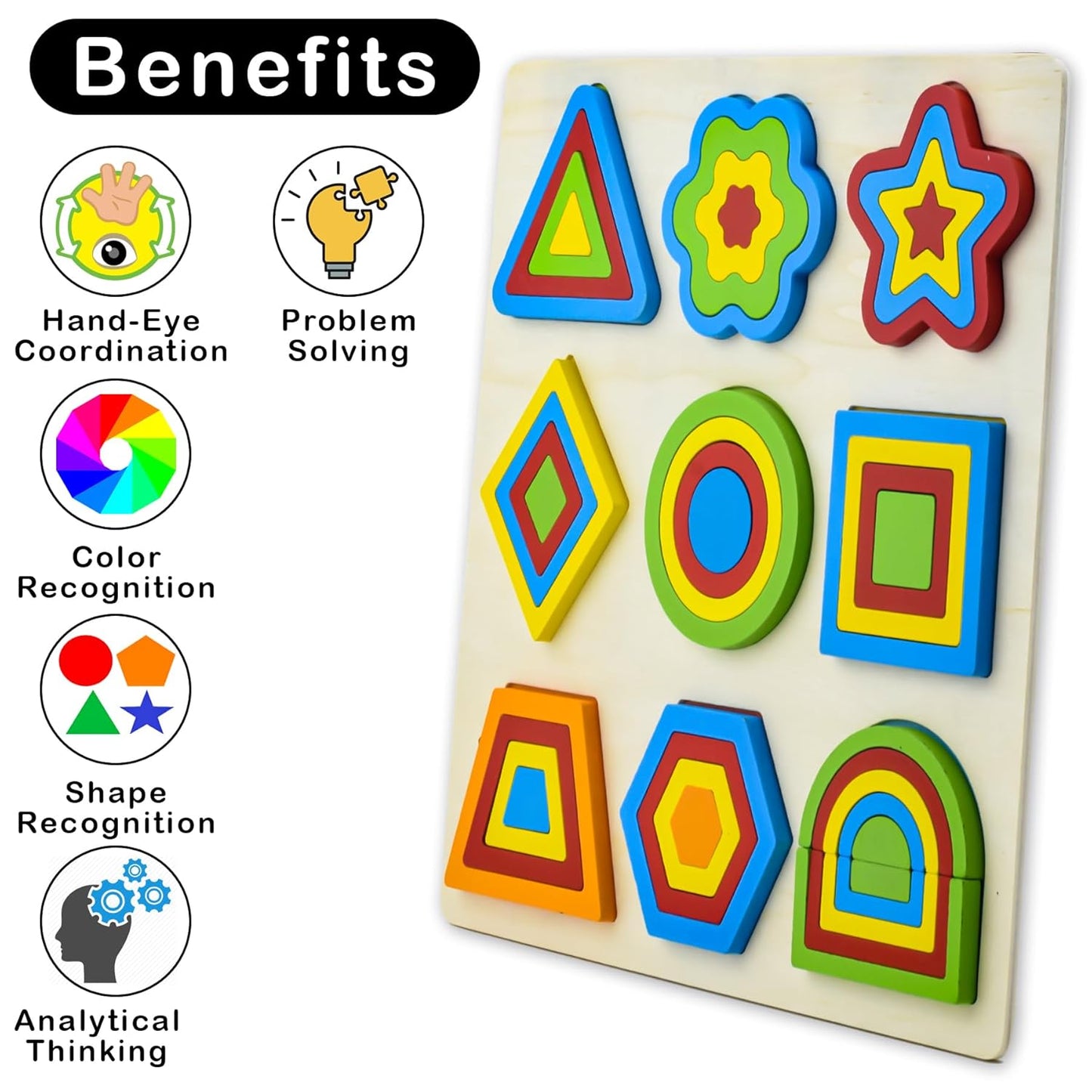 Udaipur HandiCrafts Wooden Shapes Puzzle Learning Toy, Montessori Brain Teaser Puzzle Board with 9 Geometric Shapes, Interactive Game Educational Toys for Kids, Multicolour, 3+ Years (Pack of 1)