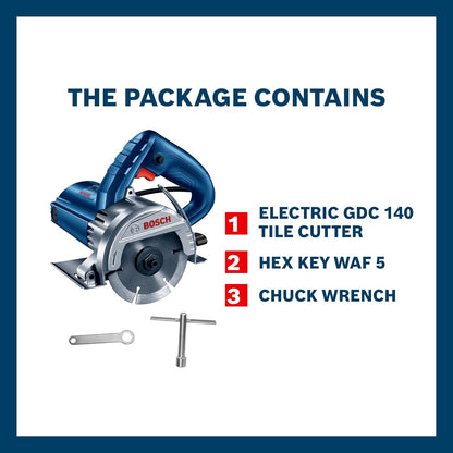 BOSCH Professional GDC 140 Electric Tile Cutter, Electric Tile Cutter with Chuck Wrench, 3kg 100 Grams, Protection Guard & Double Insulation, Low Vibration Tile Cutter, 1 Yr Warranty