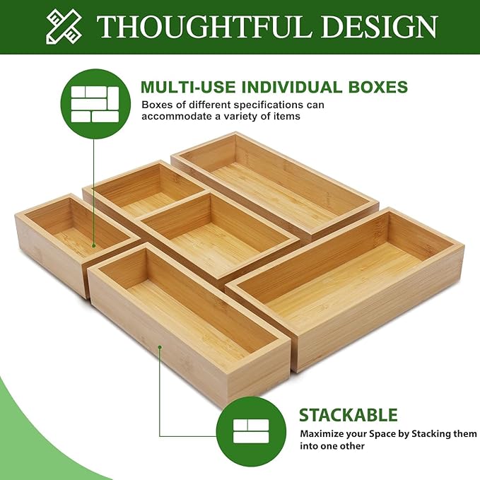 Udaipur Handicrafts Solid Wood Drawer Organizer Set, 5 PCS Multi-Use Wooden Storage Organizers, Drawer Divider and Storage Trays for Kitchen, Makeup, Jewelry, Utensils