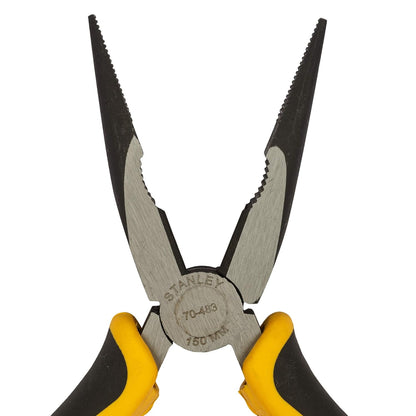 STANLEY 70-483 6'' Sturdy Steel Long Nose Plier Double Color Sleeve, Ergonomically Designed Dynagrip Handle with Finger Guards, Fully Heat Treated Forged Carbon Steel Jaws, Used to Cut Small Wires