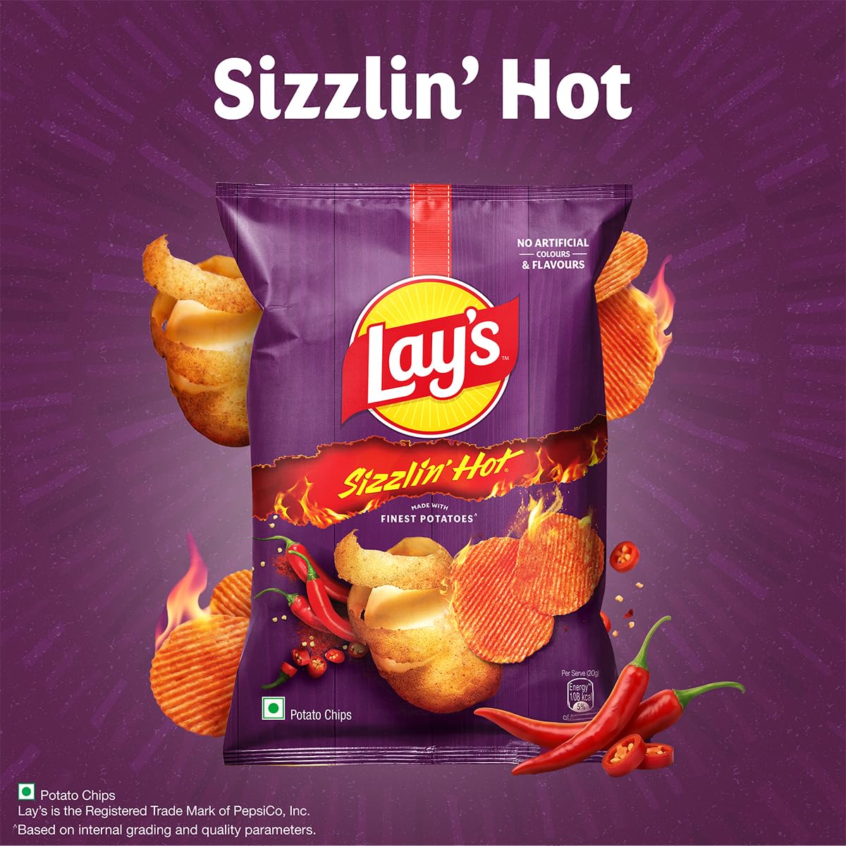 Lay's Sizzlin’ Hot Potato Chips 48g/52.9g, Crispy Wavy Chips and Snacks