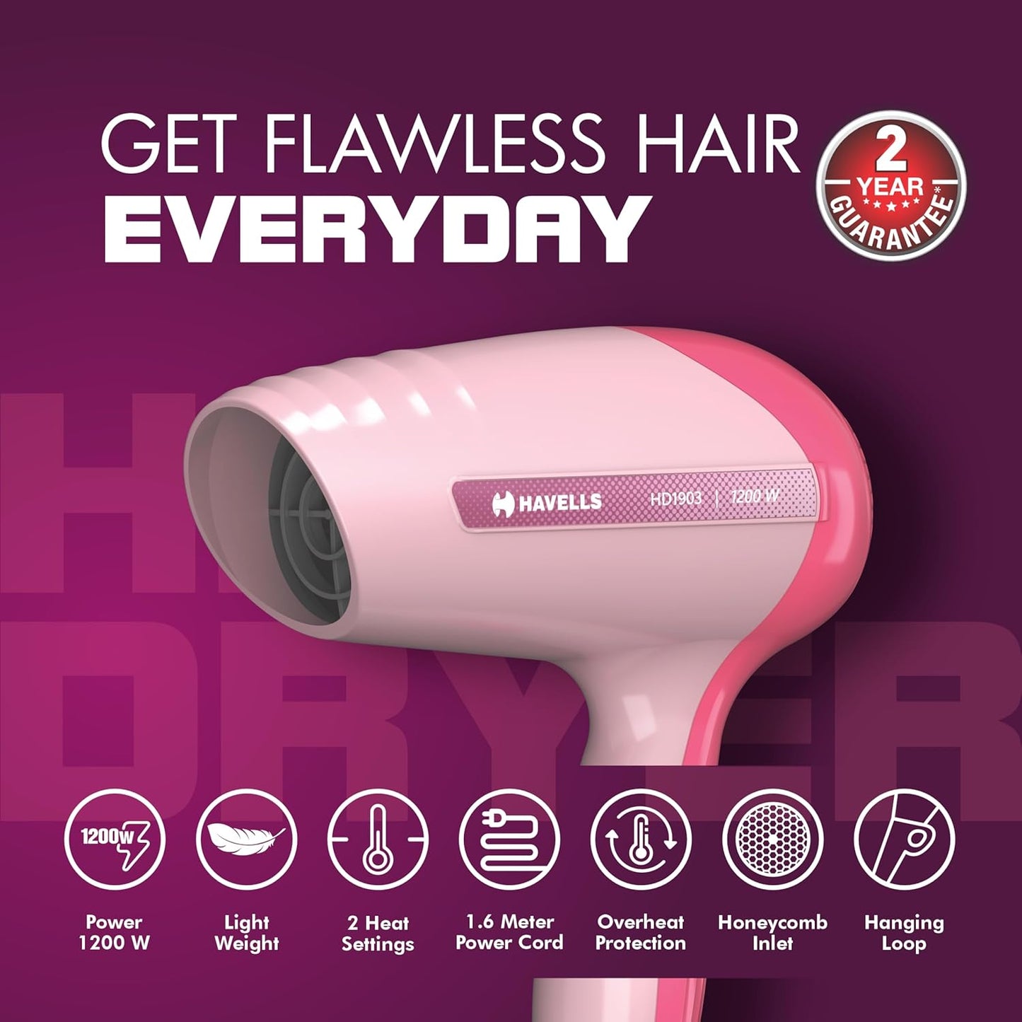 Havells 1200W Powerful Hair Dryer|Overheat Protection|2 Heat Settings (Hot/Warm)|Heat Balance Technology|Premium Pink|Your Perfect Blow Dry Companion For Effortless Hair Styling|Hd1903-1200 Watts