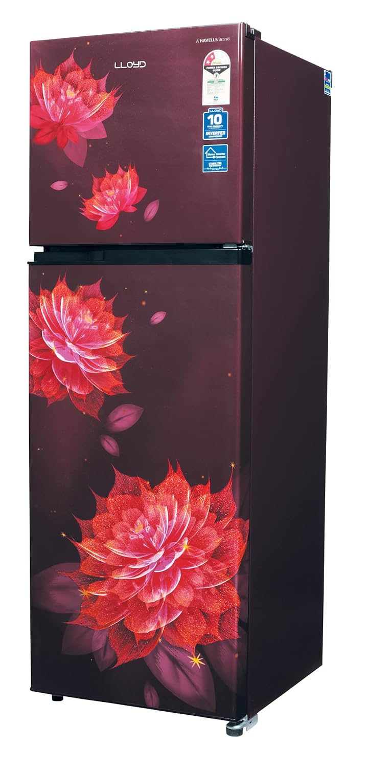 Havells-Lloyd Refrigerator Double Door 283L 2Star Inverter Sakura Red Toughened Glass/3N GLFF292ASRT1PB, Free 1 Year Extended warranty