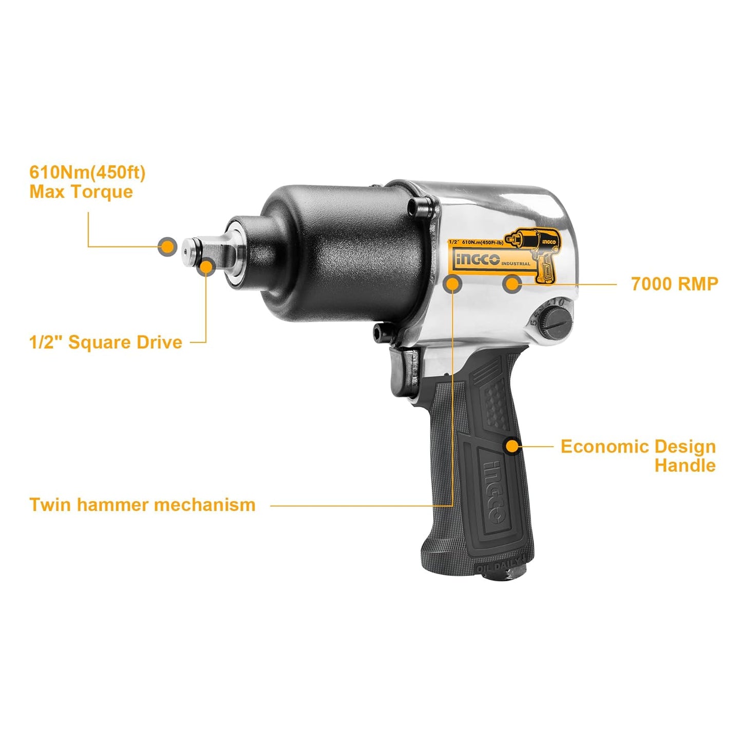 Ingco Air Impact Wrench, 7000 Rpm | 610Nm | 2 Hammer Mechanism, Pneumatic Impact Wrench Tool Kit With 3 Pcs Socket, 5 Type Connector - Box End
