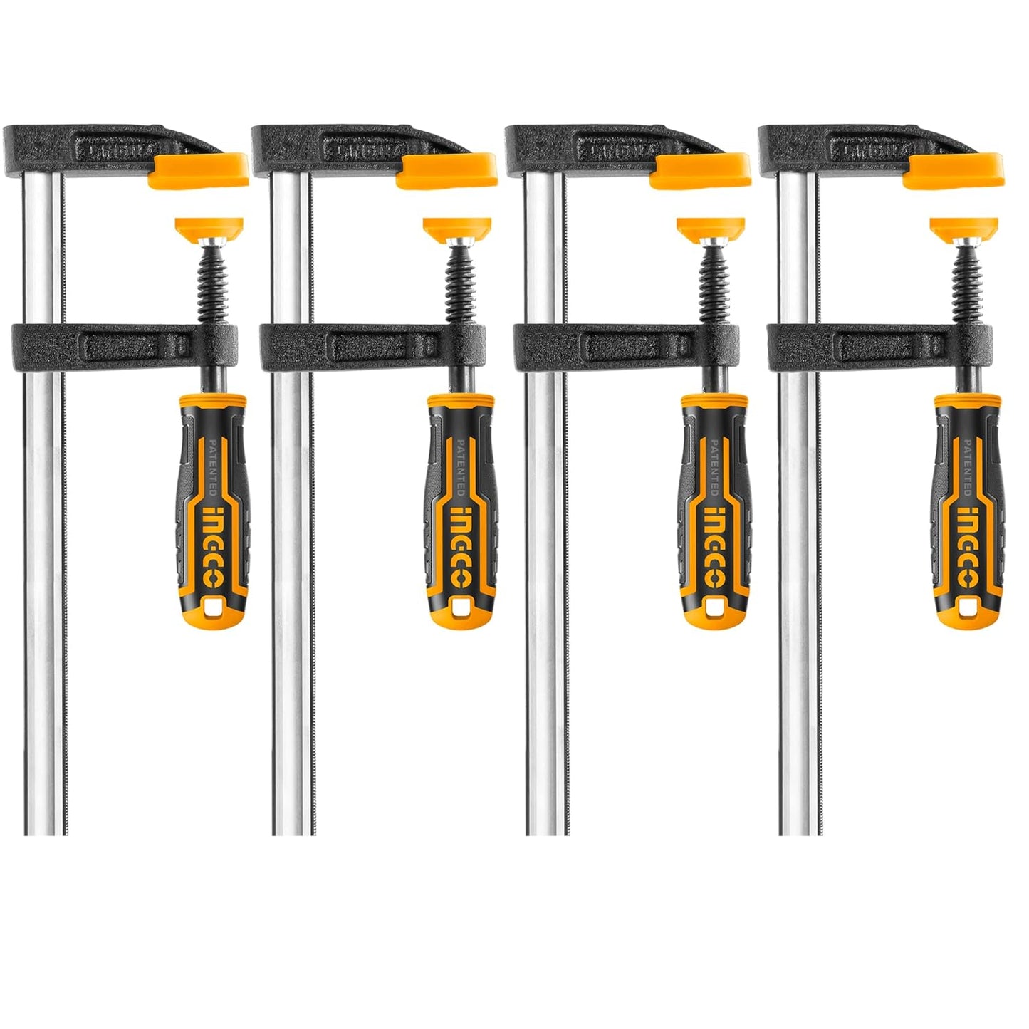 INGCO 4 PCS F Clamps Set (50x150mm), F Clamp with Rubberized Handle and Surface Protection PVC Cover for Better Grip Metal F Clamps for Woodworking Glass and Welding Works