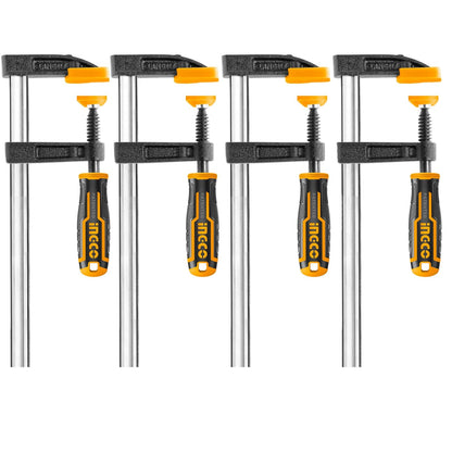 INGCO 4 PCS F Clamps Set (50x150mm), F Clamp with Rubberized Handle and Surface Protection PVC Cover for Better Grip Metal F Clamps for Woodworking Glass and Welding Works