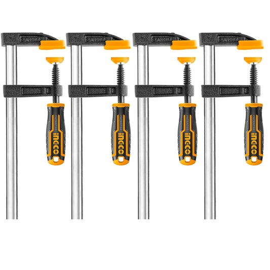 INGCO 4 PCS F Clamps Set (50x150mm), F Clamp with Rubberized Handle and Surface Protection PVC Cover for Better Grip Metal F Clamps for Woodworking Glass and Welding Works