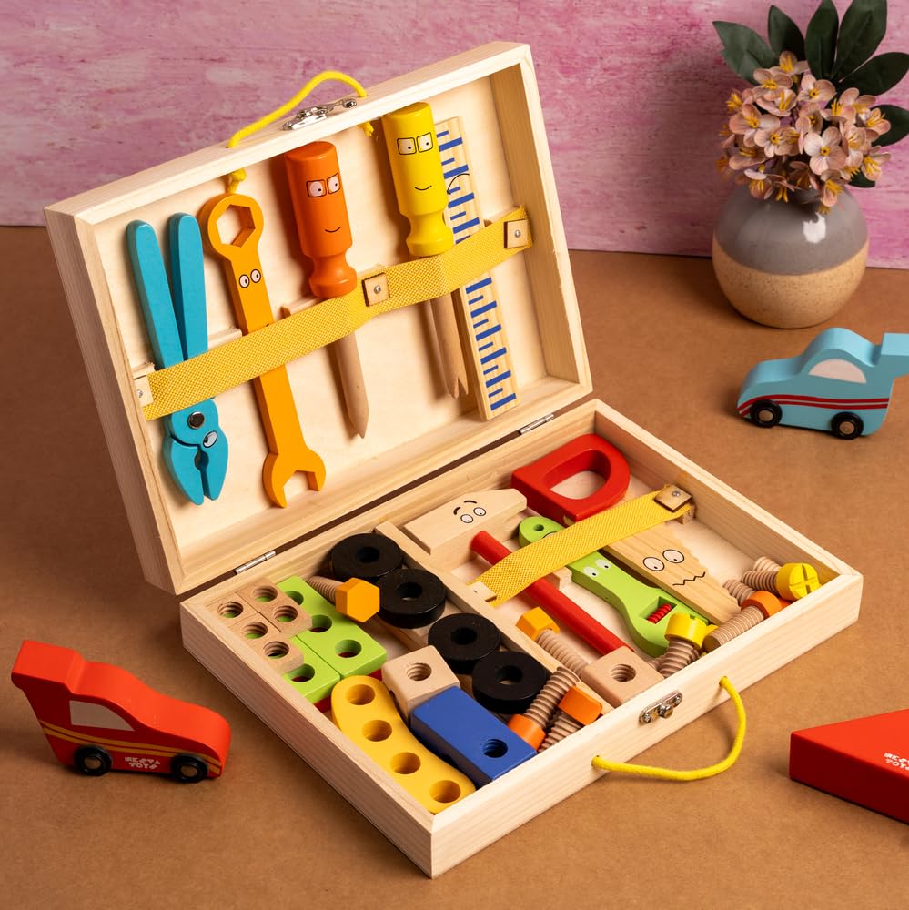UdrCrafts® - Wooden Tool Kit Set with Tool Box (40 Pcs) | Pretend Play Portable Construction Tools Kit Toys for Kids | Gift for Boys & Girls Age 3, 4, 5, 6 | Montessori Toy