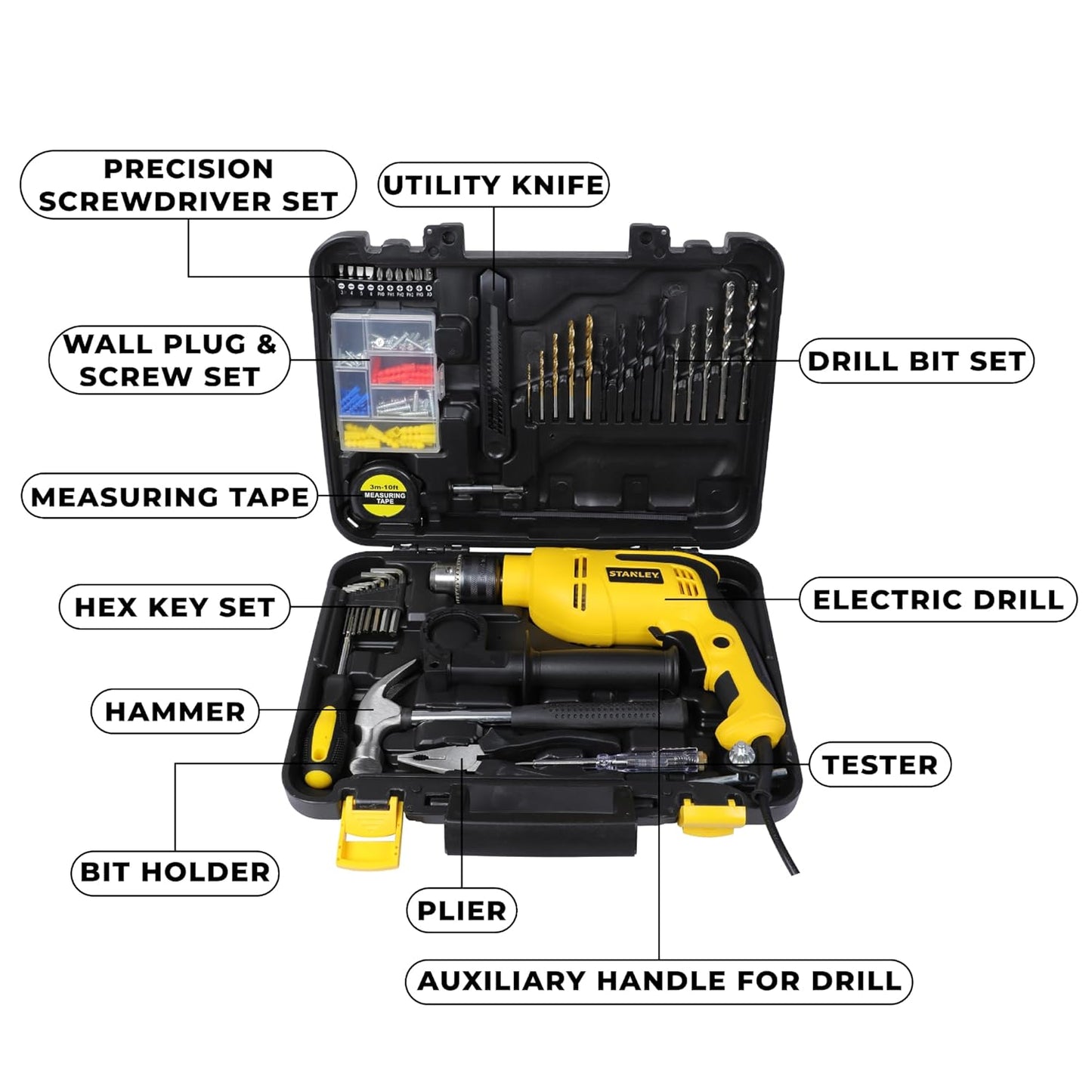 STANLEY SDH550KPA-IN 550W 13mm CORDED HAMMER DRILL MACHINE & HAND TOOL KIT for Home, DIY & Professional Use (120-PIECES) - INCLUDES Hammer Drill,Plier,Hammer,Measuring Tape & Drill Bits,1YearWarranty