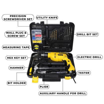 STANLEY SDH550KPA-IN 550W 13mm CORDED HAMMER DRILL MACHINE & HAND TOOL KIT for Home, DIY & Professional Use (120-PIECES) - INCLUDES Hammer Drill,Plier,Hammer,Measuring Tape & Drill Bits,1YearWarranty