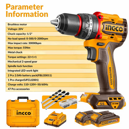 Ingco 20V Cordless Impact Drill, Brushless Motor, 55Nm Torque, 2x2.0Ah Batteries, 50pc Drill Bits Set, Carrying Case, Yellow