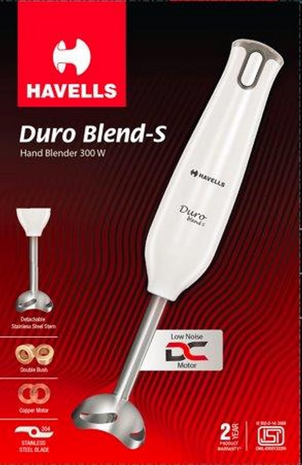 Havells Duro Blend - S Low Noise 300 Watt Hand Blender With Detachable Stainless Steel Stem, Double Bush,Copper Motor & 2 Years Warranty, 300 Watt