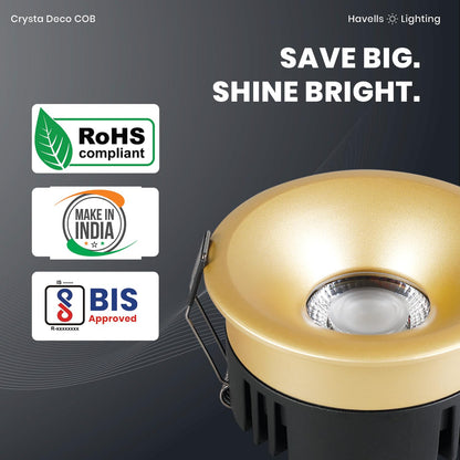Havells Crysta Deco Cob 7W 6K Sand Gold,Led-Spotlights,Energy Efficient,Long Life of 25000 Burning Hours,Beam Angle of 36°,Metal Body Cob with Independent Driver,Cool Daylight (6500K)