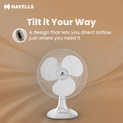 Havells Sameera 400mm Table Fan | Jerk free oscillation, 120 ribs guard, 3 Speed Settings, 1360 RPM Powerful Motor | Aerodynamically designed & balanced PP blades, 2 Year Warranty | (Pack of 1, White)