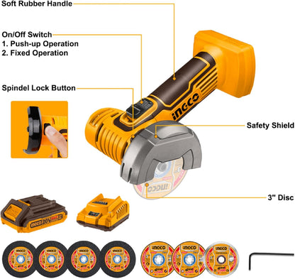 INGCO 20V Cordless Mini Angle Grinder 19500RPM, 76mm Disc Diameter, Mini Cutter Cut-Off Tool M6 with 1Pcs 2.0Ah Battery and Charger for Cutting Polishing and Sharpening CAGLI76012
