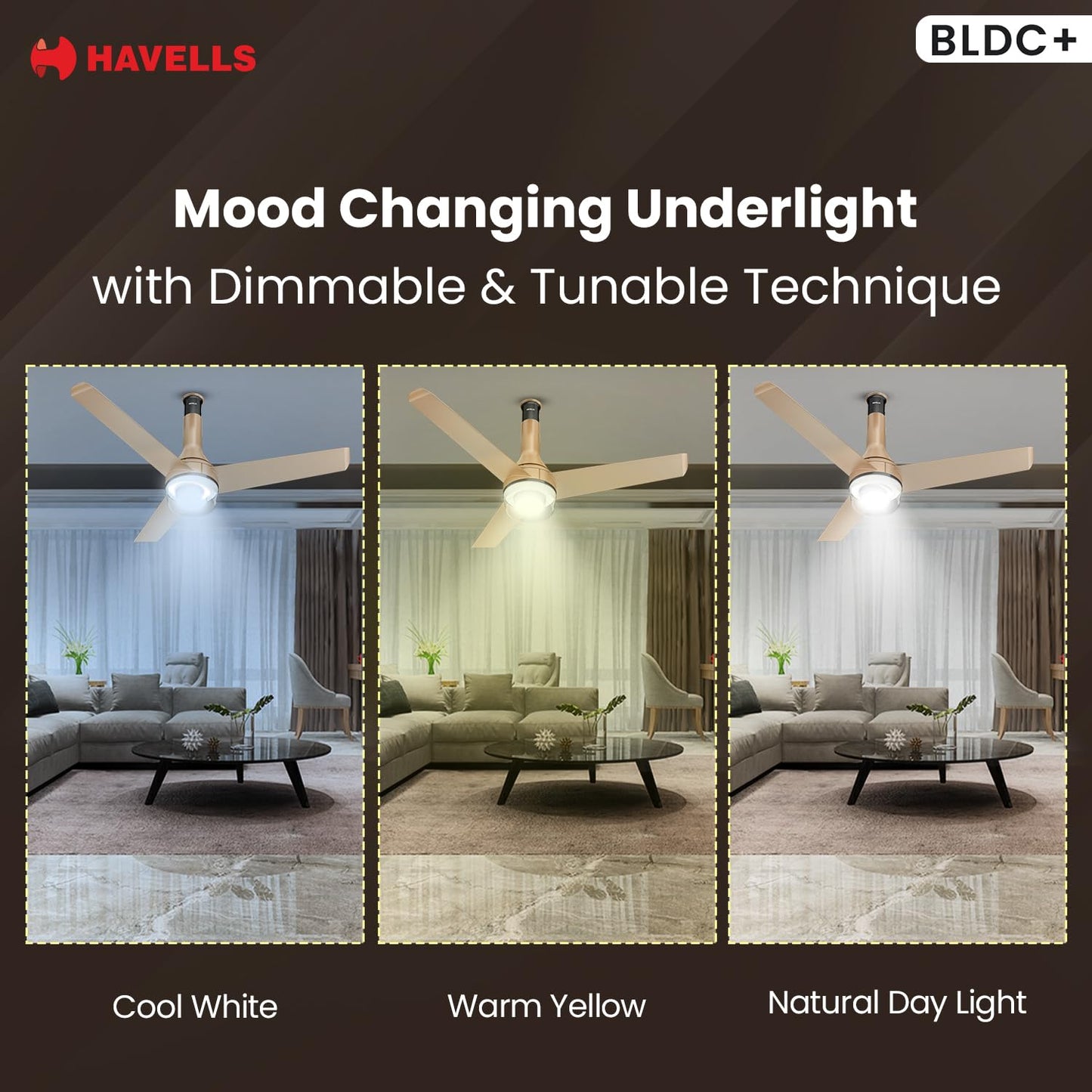 Havells 1200mm Crista Underlight BLDC Ceiling Fan | Remote Controlled, Smart Fan, IoT Enabled, Alexa & Google Home Compatible | 5 Star Rated, Upto 60% Energy Saving, 2 Year Warranty | (Champagne Cola)