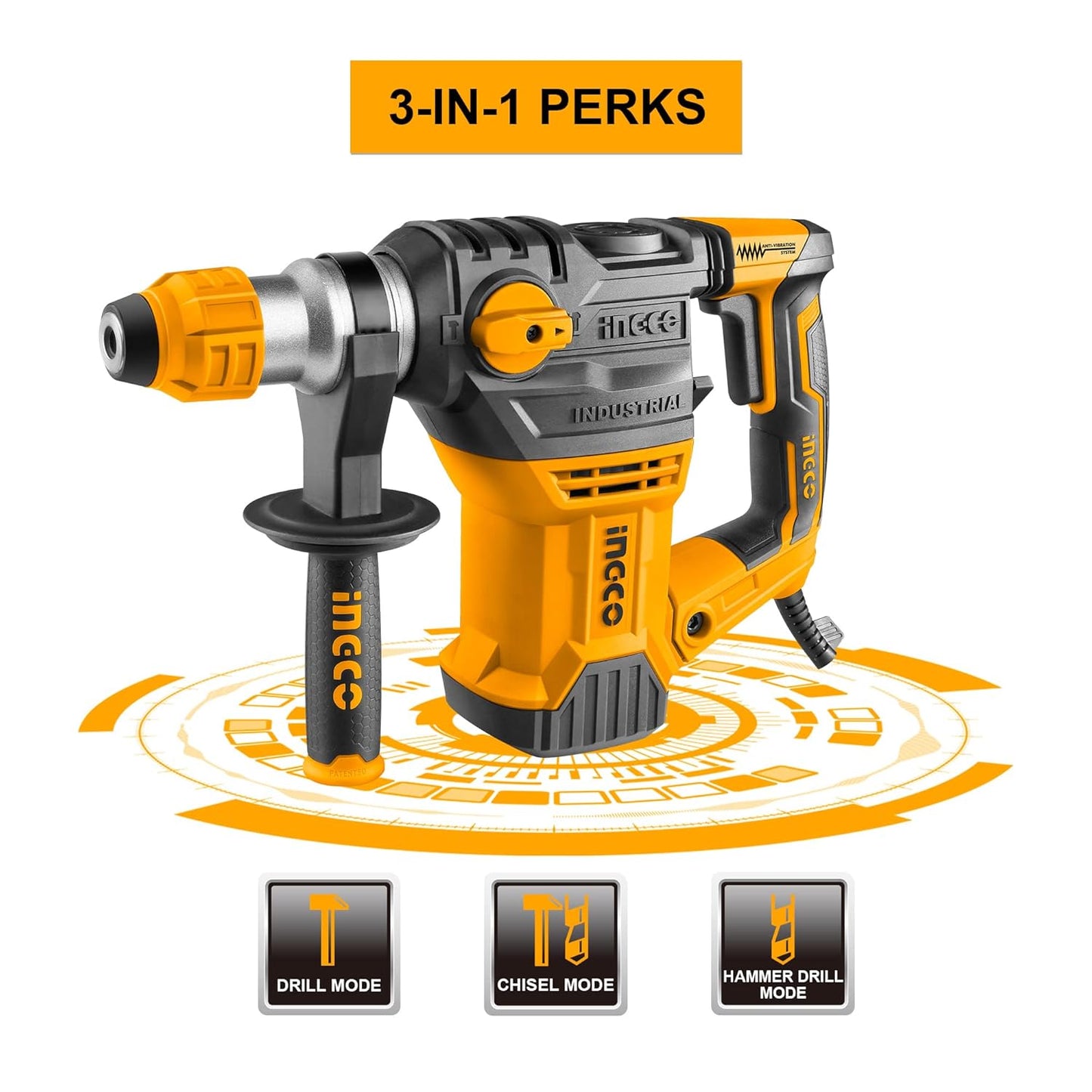 INGCO Rotary Hammer, SDS-Plus Heavy Duty Rotary Hammer Drill | 220 Volts | 1500W | 4400bpm | 5.5J with Vibration Control and Safety Clutch Including 3 drills and 2 chisels with Case, Yellow