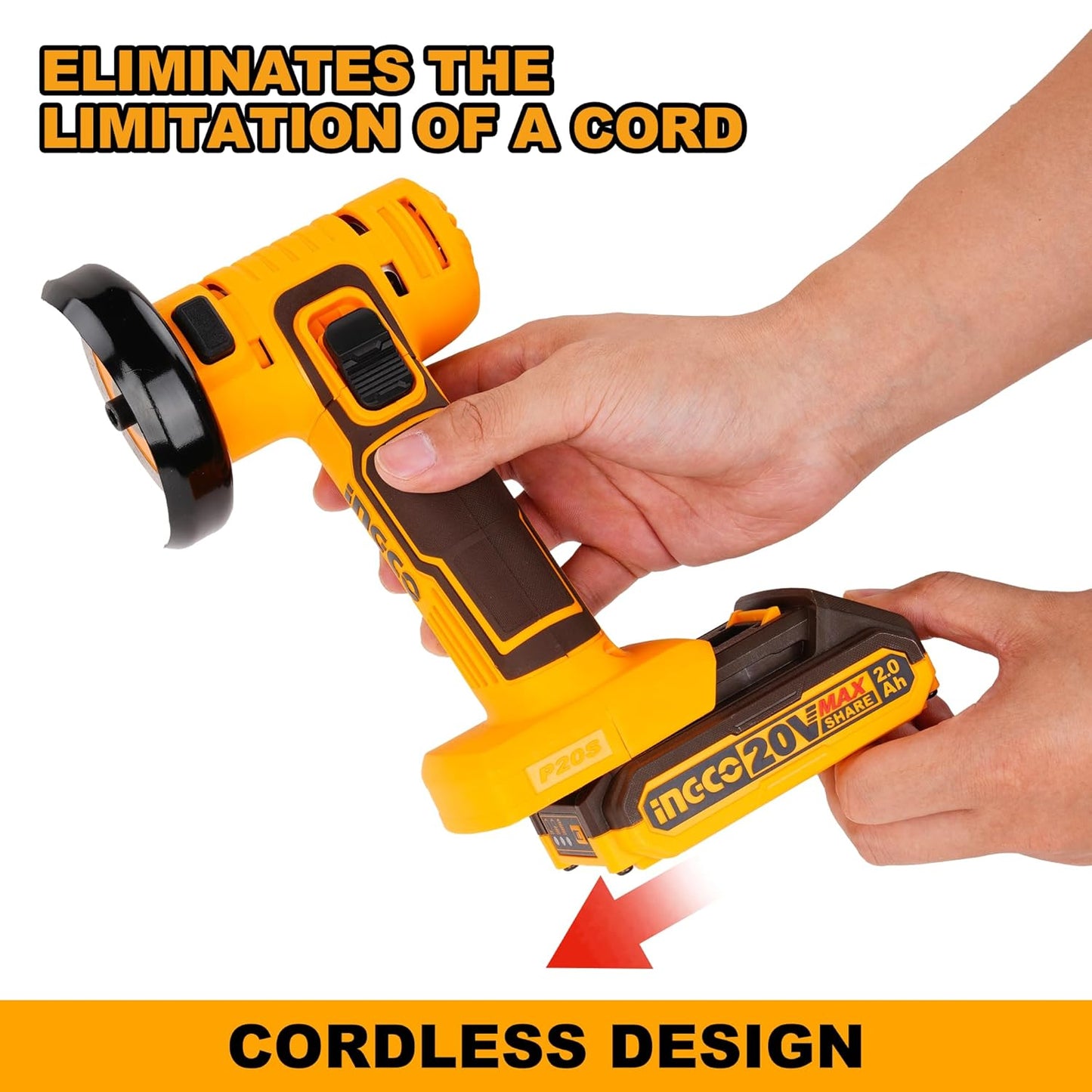 INGCO Cordless Mini Angle Grinder, 19500 RPM, 3 Inch Disc Diameter, M6, With Battery & Charger & 6 pcs Discs