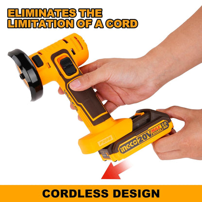 INGCO Cordless Mini Angle Grinder, 19500 RPM, 3 Inch Disc Diameter, M6, With Battery & Charger & 6 pcs Discs