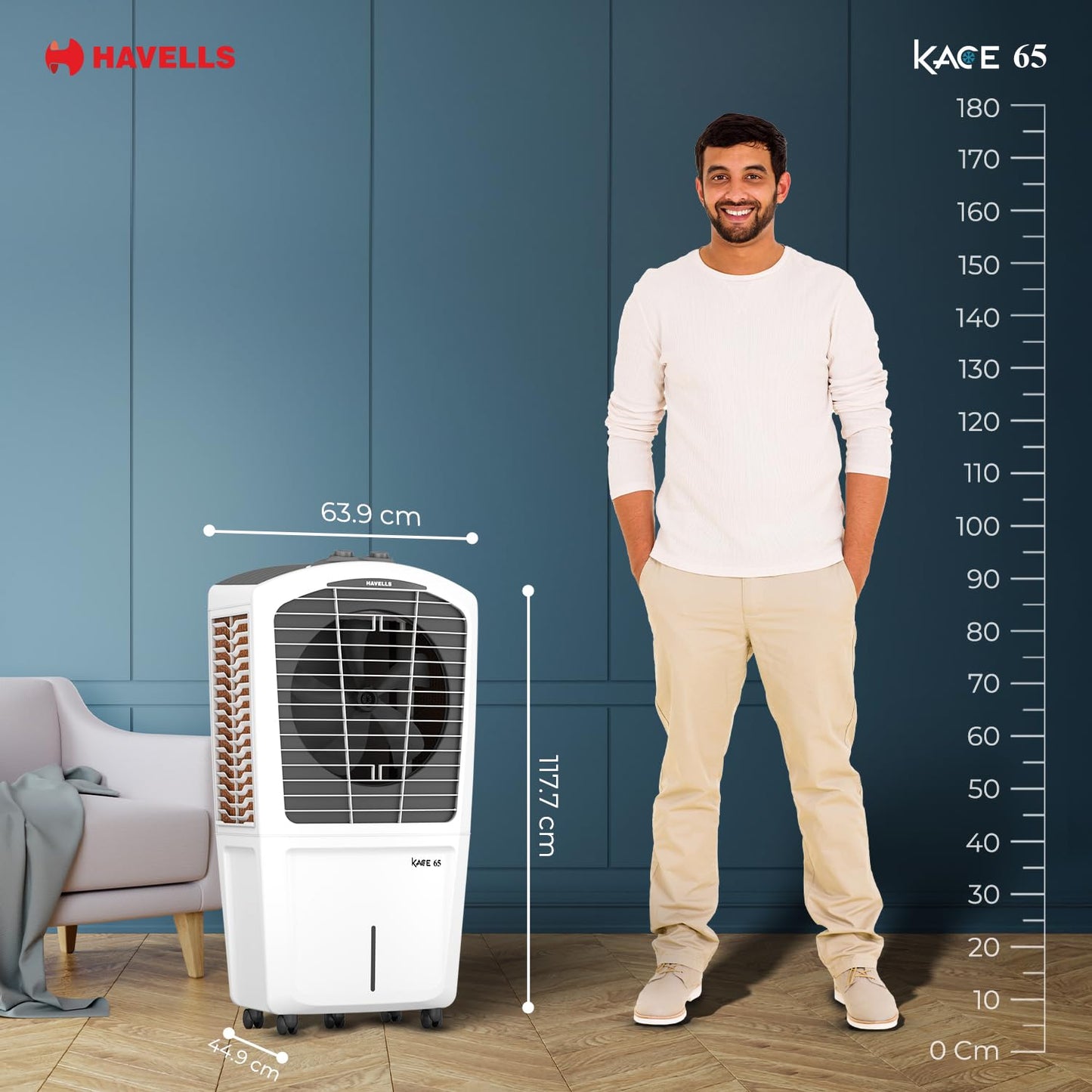 Havells Kace 65 L Desert Air Cooler for Home| Powerful Air-Delivery|Bacteria Shield Honeycomb Pads Technology |XXL Ice Chamber| Ice Chill Drip Technology | Inverter compatible|Front wheels with brakes