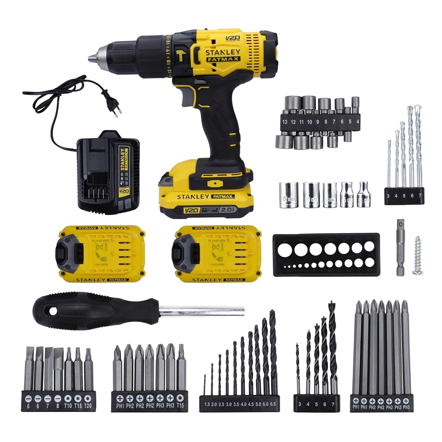 STANLEY FATMAX SCD711D2KA-B1 20V 2.0Ah 13mm Reversible Cordless Brushed Hammer Drill With 100pcs Accessories Kit 2x2.0Ah Li-ion Batteries 1pc Charger 2-Speed Gearbox, 2 Year Warranty, YELLOW & BLACK