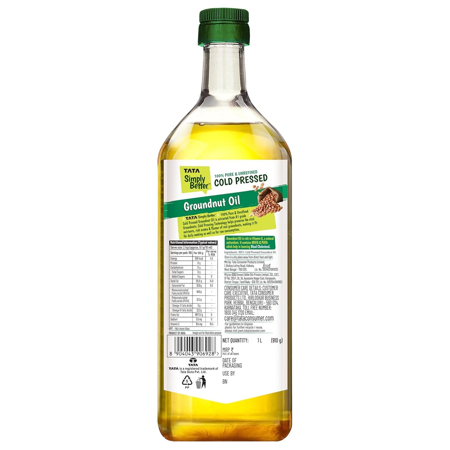 Tata Simply Better Pure & Unrefined Cold Pressed Groundnut (Peanut) Oil,Kolhu/Kacchi Ghani/Mara Chekku/Ganuga,Naturally Cholesterol Free,1L,Groundnut Oil Rich Aroma & Flavour Of Real Groundnuts