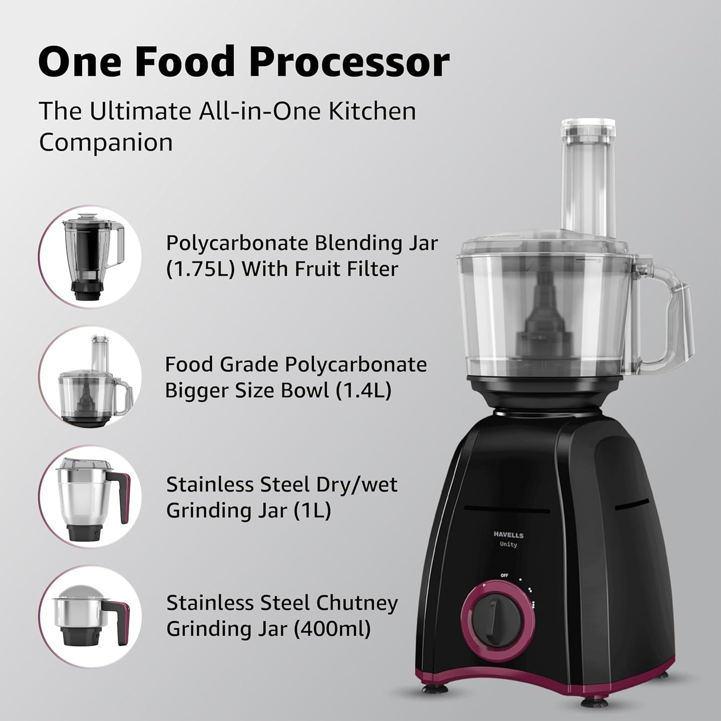 Havells Unity 750W Food Processor | 4 Jars – Juicer, Mixer, Grinder & Chopper (All-in-One) | Compact Design | 3 Speed Control + Pulse| For Dry & Wet Grinding| 2 Years Door Step Warranty by Havells
