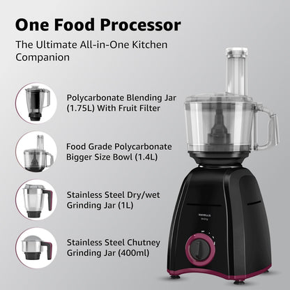 Havells Unity 750W Food Processor | 4 Jars – Juicer, Mixer, Grinder & Chopper (All-in-One) | Compact Design | 3 Speed Control + Pulse| For Dry & Wet Grinding| 2 Years Door Step Warranty by Havells