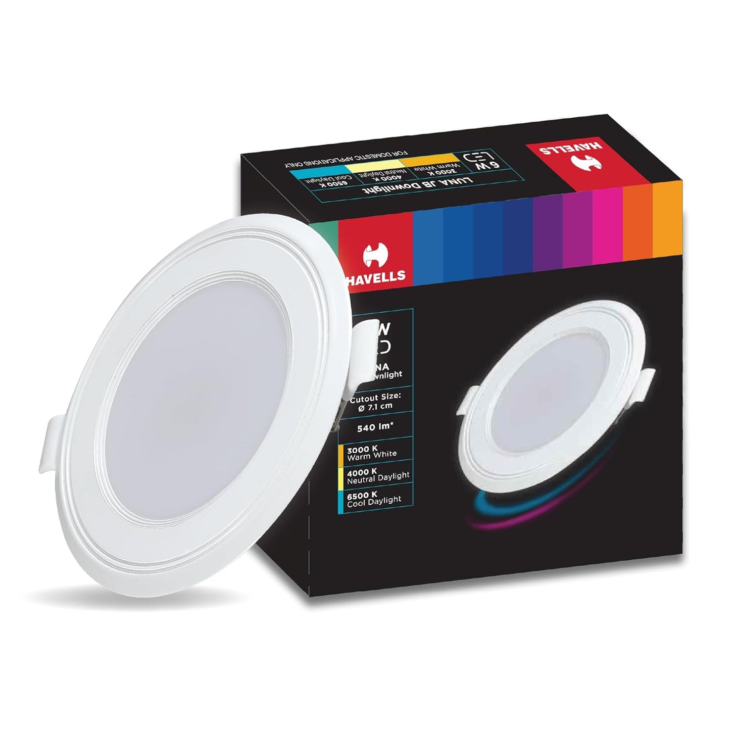 Havells Polycarbonate Luna 6W Downlight for Junction Box Round | Colour - Cool Day Light 6500K |3 inch Cutout, 22mm Height | High Voltage Protection Upto 4KV | Pack of 1