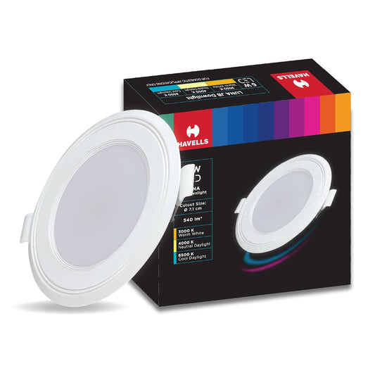 Havells Polycarbonate Luna 6W Downlight for Junction Box Round | Colour - Cool Day Light 6500K |3 inch Cutout, 22mm Height | High Voltage Protection Upto 4KV | Pack of 1