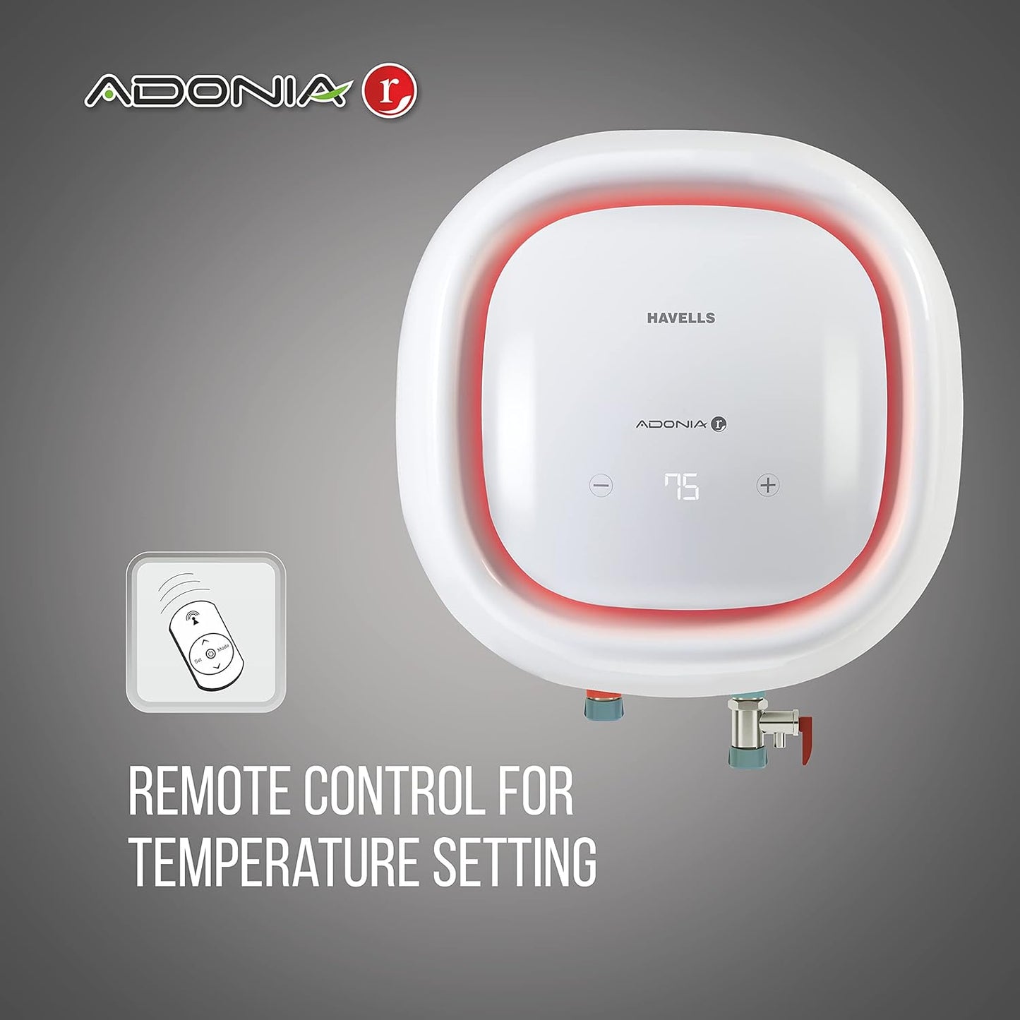 Havells Adonia R 25L Storage Water Heater(Geyser)|Color Changing Temp Sensing LED Indicator|Digital Display|Remote Control|5 Star|Warranty:7 Year on Tank |Shock safe Plug|Free Installation& Flexi Pipe