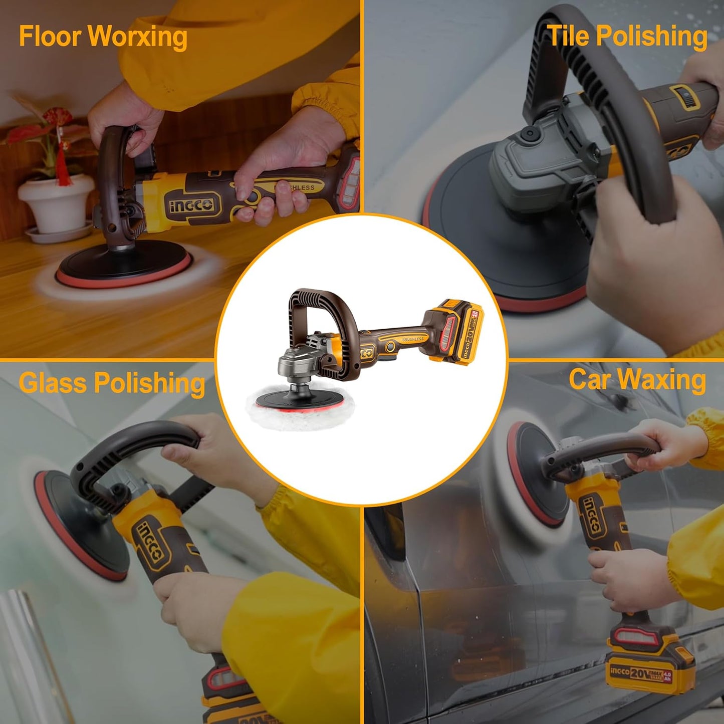 INGCO Cordless Rotary Polisher Car Polisher 180mm M14 Brushless 3IN1 Polisher Buffer and Sander with 4.0Ah Battery and Charger for Car Detailing Polish Buffing Sanding DIY APLI20181