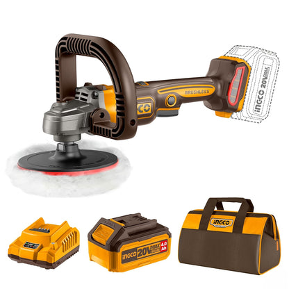 INGCO 20V Cordless Rotary Polisher 180mm Car Polisher M14, 7 Variable Speed, Buffer and Sander with 1Pcs 4.0Ah Battery & Charger, 1Pcs Tool Bag