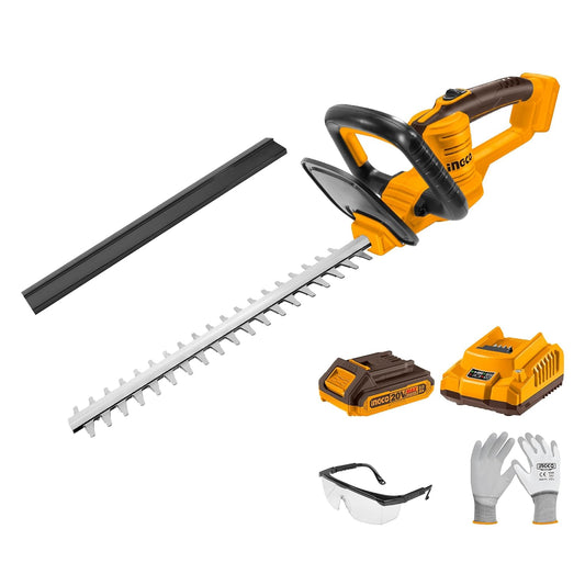 INGCO 20V Cordless Hedge Trimmer - 460mm Laser-Cut Blade, 2800 SPM, Cuts 18mm Branches, Includes 2.0Ah Battery, Charger, Safety Goggles & Gloves - Lightweight Electric Shrub Trimmer