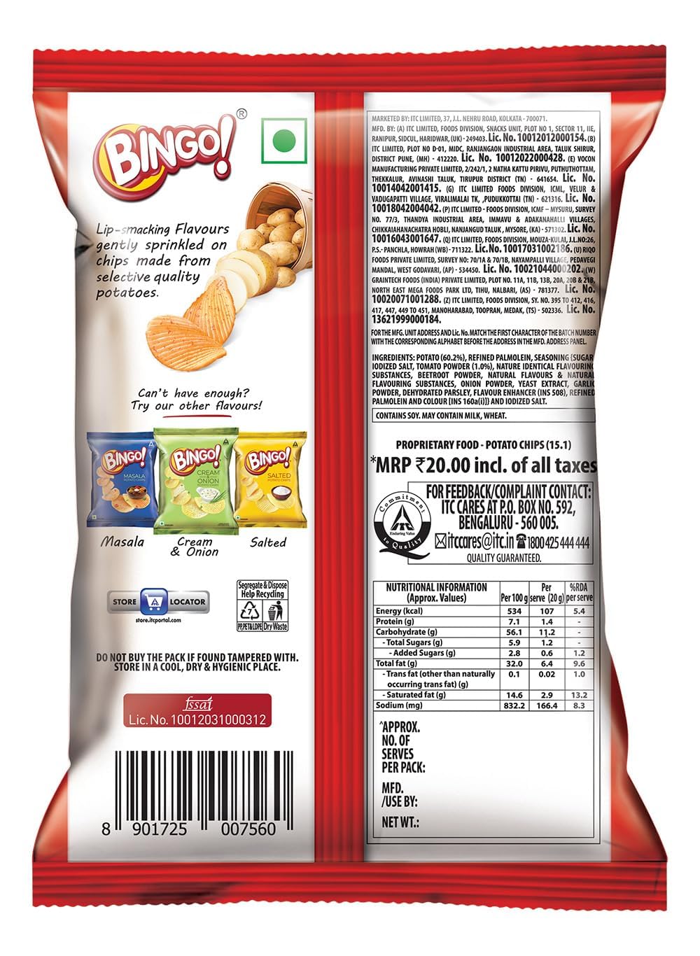 Bingo! Potato Chips Tomato Flavour-Crispy & Tangy Tomato Chips Pack For Snacks 90 Gram