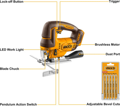 INGCO 20V Cordless Jig Saw (Body Only), Brushless Motor, 3000RPM with 5Pcs Saw Blades CJSLI1008
