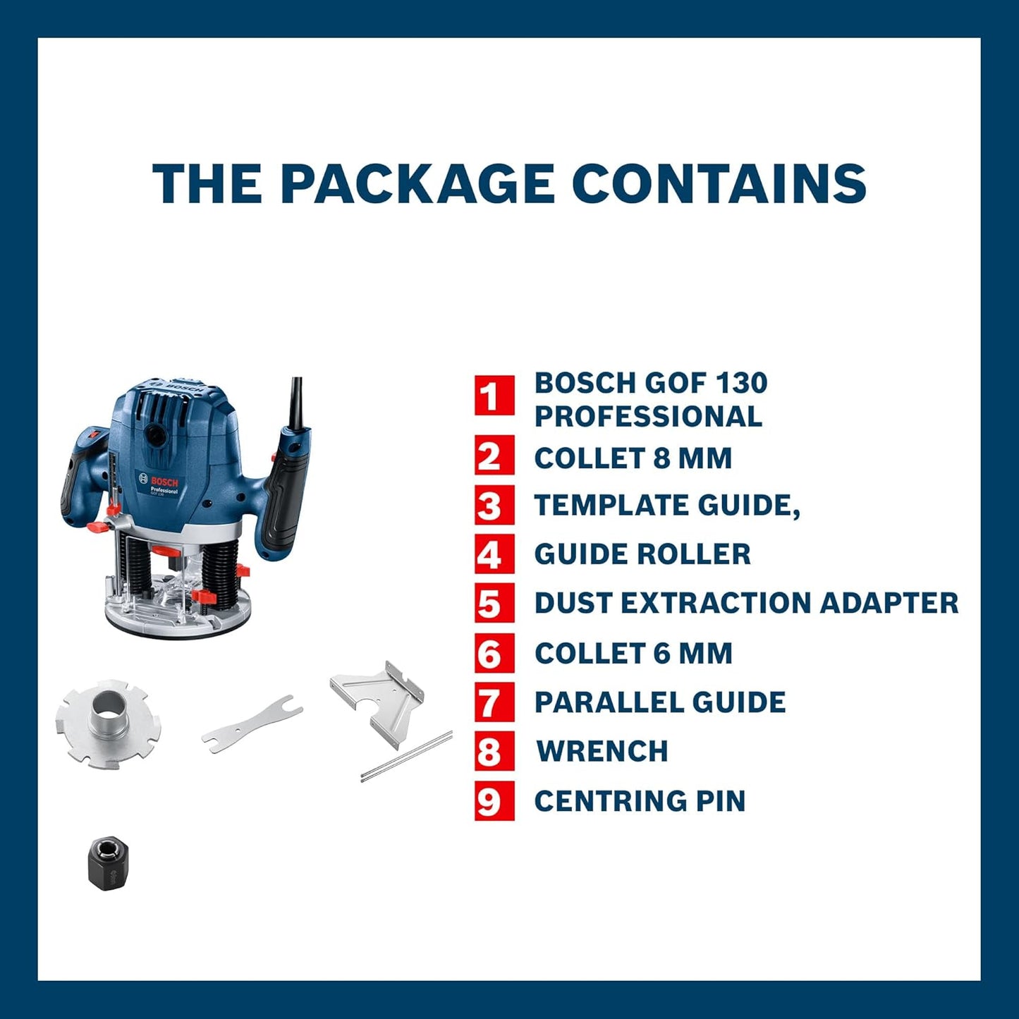 Bosch GOF 130 Corded Electric Router, 1,300W, 8 mm Bit, 28,000 rpm, 40 mm, Variable Speed, Restart Protection, Constant Speed, 3.5 kg + 8 Bosch Accessories, 1 Year Warranty