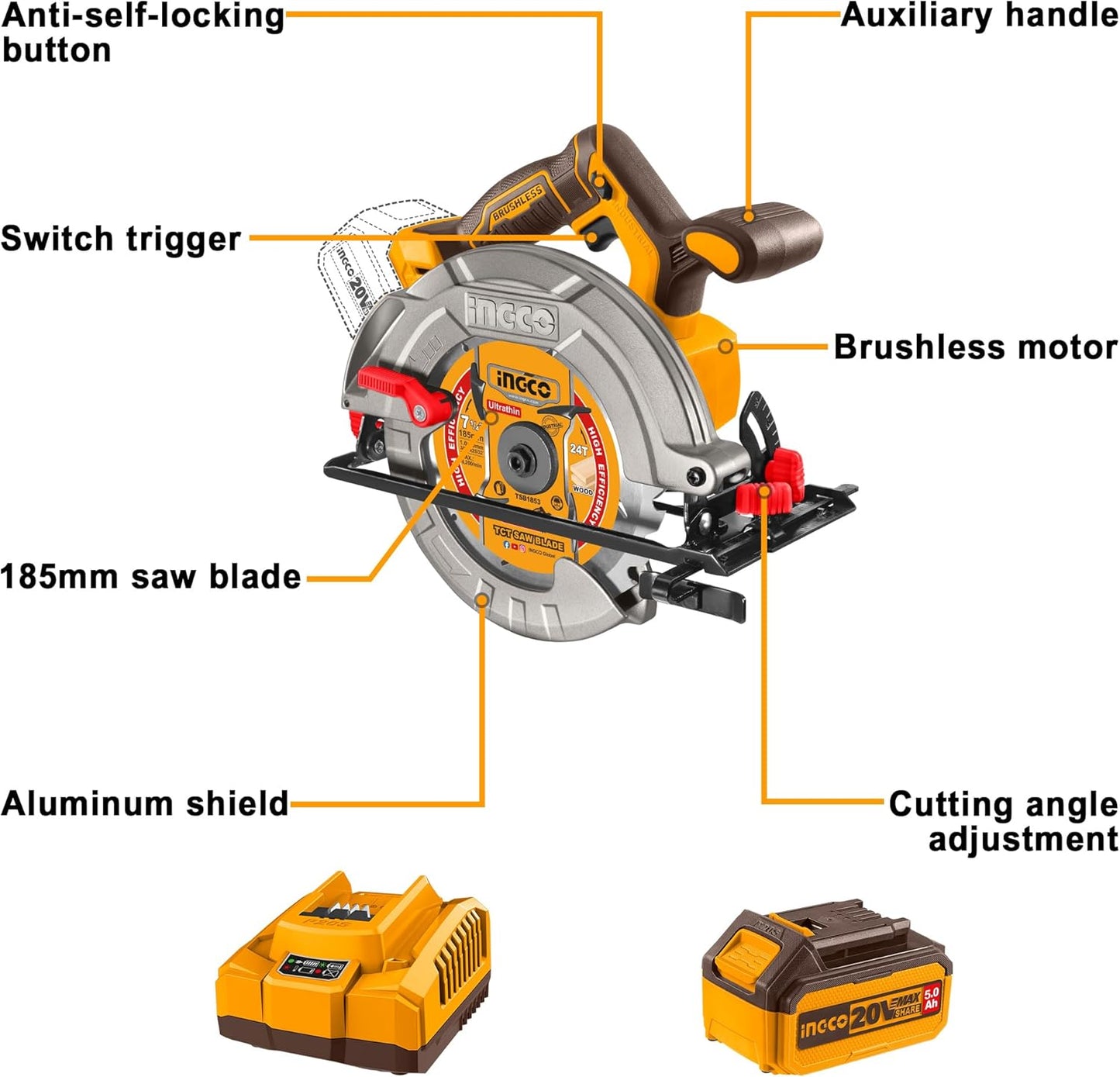 INGCO 20V Cordless Circular Saw 185mm, Brushless Electric Saw 4800 RPM, Maximum Cutting Depth 65mm with 1Pcs 5.0Ah Battery Pack, 1Pcs Fast Charger CSLI18513