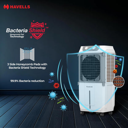 Havells 2-in-1 Convertible 80 L Desert Air Cooler for room| Dual functionality & easy storing| Can be used as side table| 5 Leaf Metal Blade Fan| Powerful Air-Delivery| Bacteria shield honeycomb pads