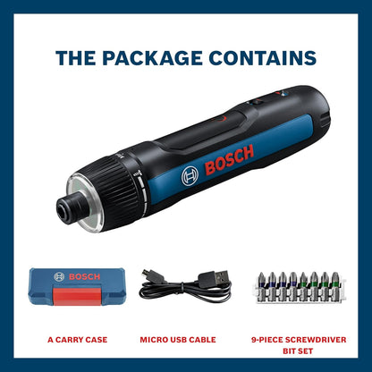 BOSCH GO 3.0 Professional Screwdriver Kit | 9-Piece Screwdriver Bit Set| 2.0Ah Battery | Speed 360 RPM | Torque 5/2 Nm | Push Start and Smart Stop | ¼" HEX Universal Bit Holder| 1 Yr Warranty