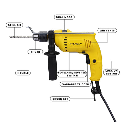 STANLEY SDH600KM-IN 600W 13mm Drill Machine with Mechanical Toolkit for Home, DIY & Professional Use (120-Pieces) - Includes Hammer Drill, Hammer & Measurement Tape, 1 Year Warranty, YELLOW & BLACK