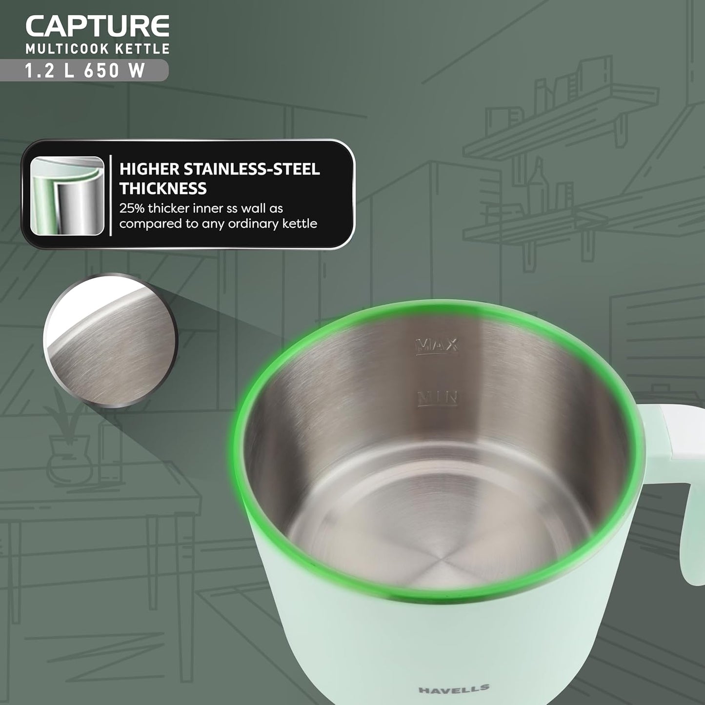 Havells Capture 1.2 L Multi-Cook Electric Kettle with Steamer | 650W |304 Stainless Steel Inner Body|Cooks Noodles, Rice, Milk | Cool-Touch Body | 2 Years Door Step Warranty by Havells (Green)