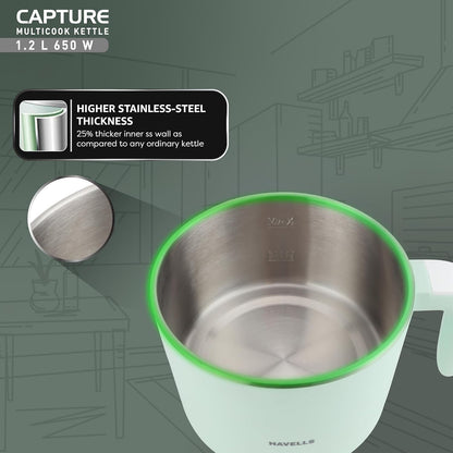 Havells Capture 1.2 L Multi-Cook Electric Kettle with Steamer | 650W |304 Stainless Steel Inner Body|Cooks Noodles, Rice, Milk | Cool-Touch Body | 2 Years Door Step Warranty by Havells (Green)