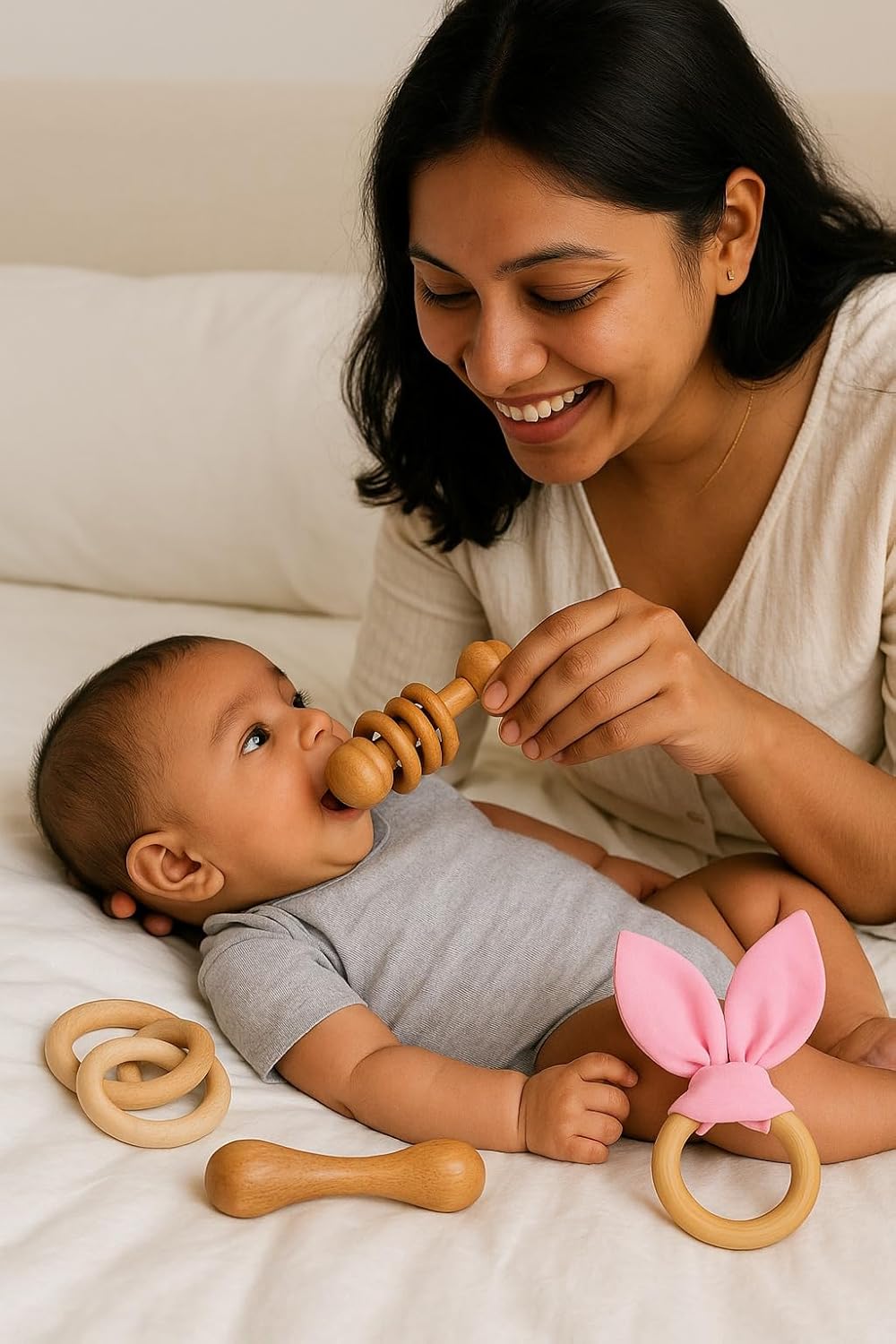 UdrCrafts® Baby Teether Combo Pack of 3 – Organic Neem Wood Teether Combo - 1 Ring, 1 Rattle, 1 Dumbbell Nibbler – Safe Natural Teething Toys | Wooden Teethers for 6 to 12 Months Baby (5)