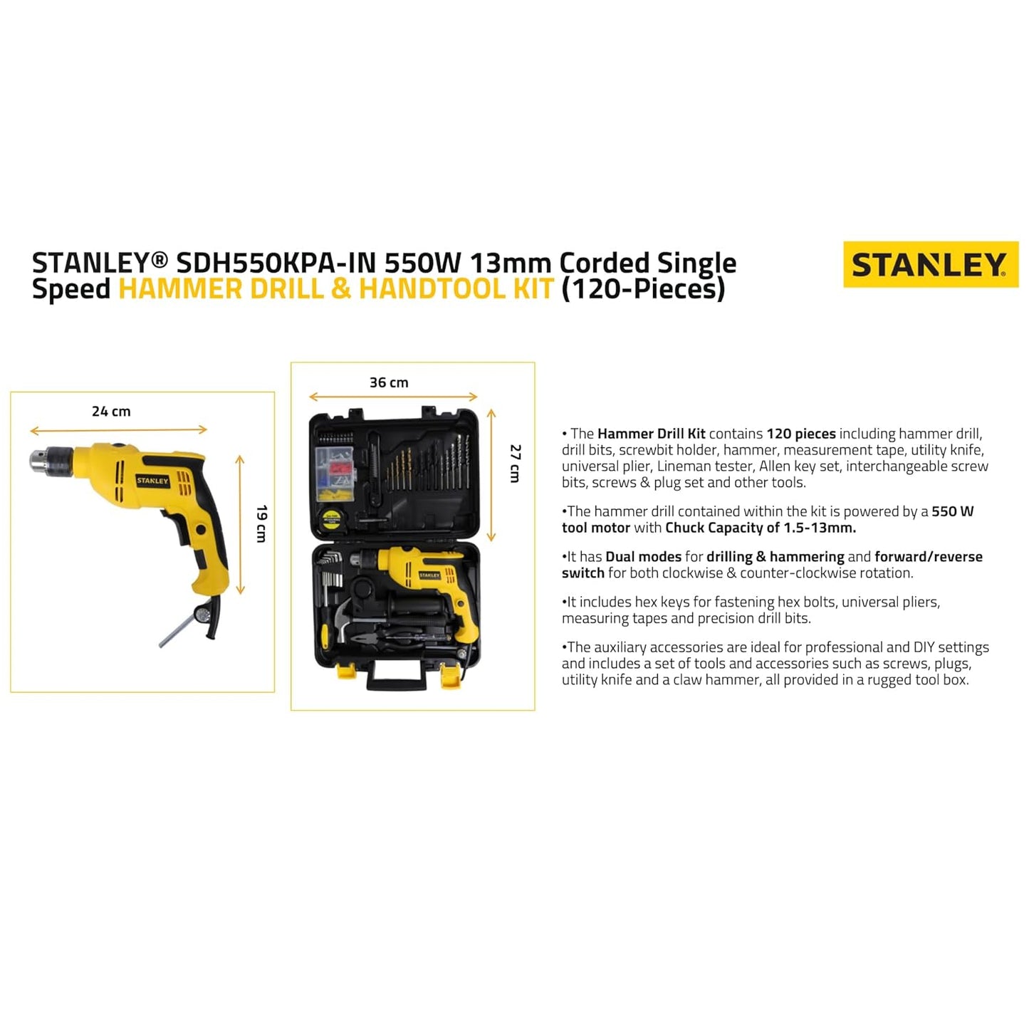 STANLEY SDH550KPA-IN 550W 13mm CORDED HAMMER DRILL MACHINE & HAND TOOL KIT for Home, DIY & Professional Use (120-PIECES) - INCLUDES Hammer Drill,Plier,Hammer,Measuring Tape & Drill Bits,1YearWarranty
