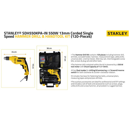 STANLEY SDH550KPA-IN 550W 13mm CORDED HAMMER DRILL MACHINE & HAND TOOL KIT for Home, DIY & Professional Use (120-PIECES) - INCLUDES Hammer Drill,Plier,Hammer,Measuring Tape & Drill Bits,1YearWarranty