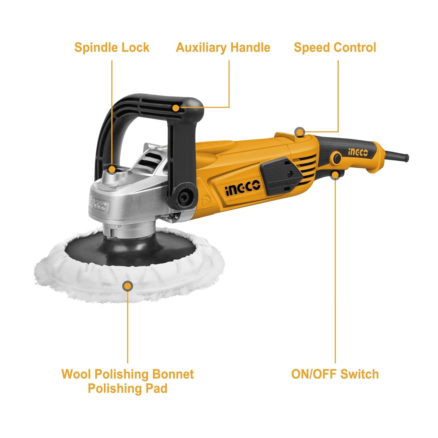 Ingco Angle Polisher Polisher, 180mm Diameter Variable Speed, 1400W | 900-3800RPM, Rotary Car Buffer Polisher Waxer, Detachable Handle Perfect for Boat,Car Polishing and Waxing
