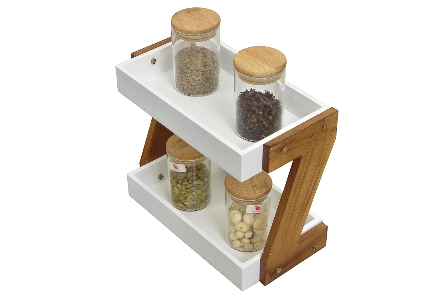 Udaipur Handicrafts  Triangluar Countertop Spice Rack | Kitchen Counter Top Organizer | 2-Tier Kitchen Storage Organizer Tiered Shelf| Jars And Bottle Holder & Kithen Decor Item