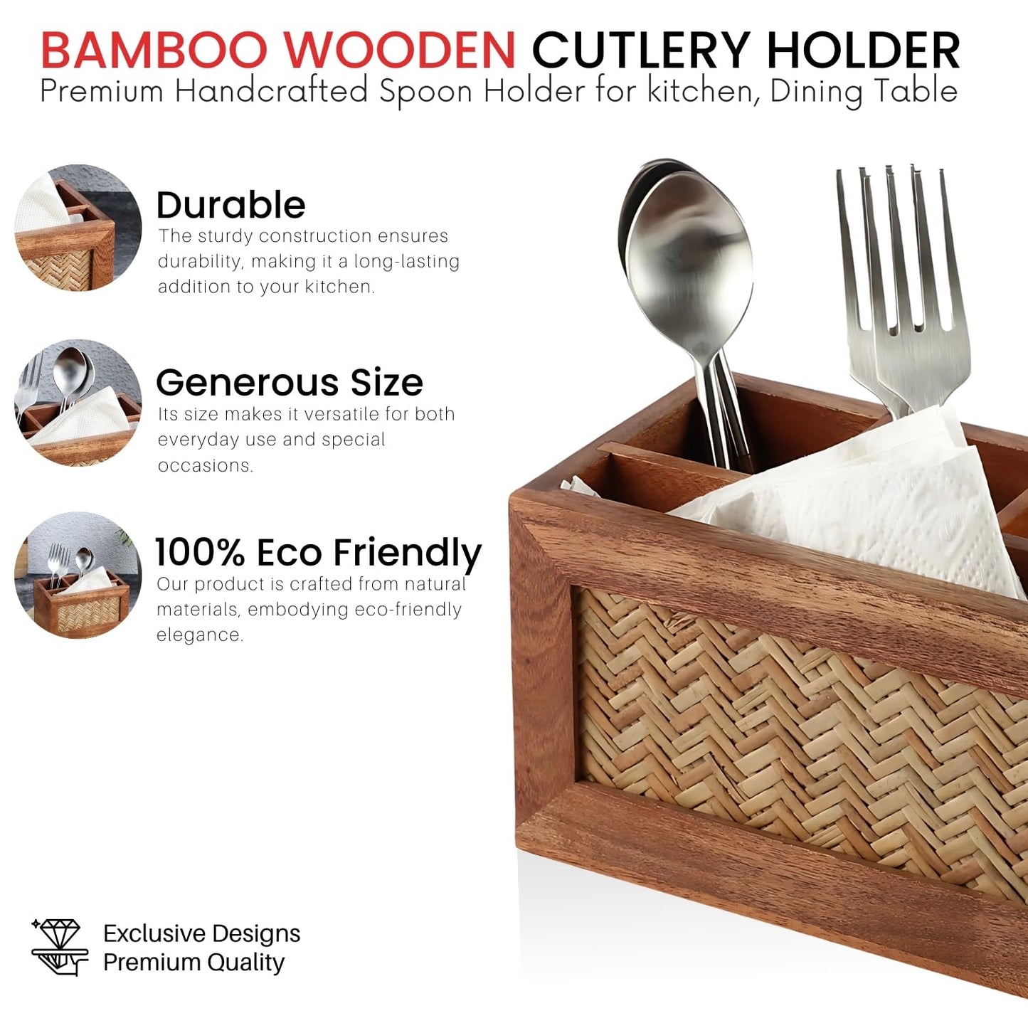 Udaipur Handicrafts Hand Crafted Acacia Wood Chatai Four Part Spoon Holder| Cutlery Holder| Kitchen Caddy | Wooden Cutlery Rack for Kitchen | Wooden Spoon Stand for Dining Table