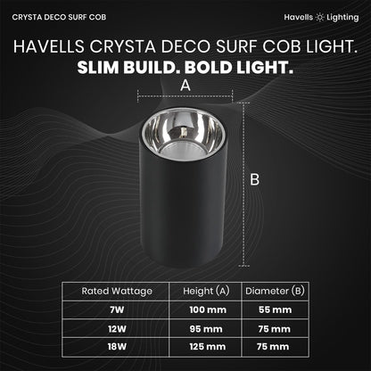 Havells Crysta Deco Surf Cob 18W 6K Chrome B,Led-Spotlights,Edge to Edge Glow with Easy Installation and Replacement,Beam Angle of 36°,Metal Body Cob with Integrated Driver,Cool Daylight (6500K)
